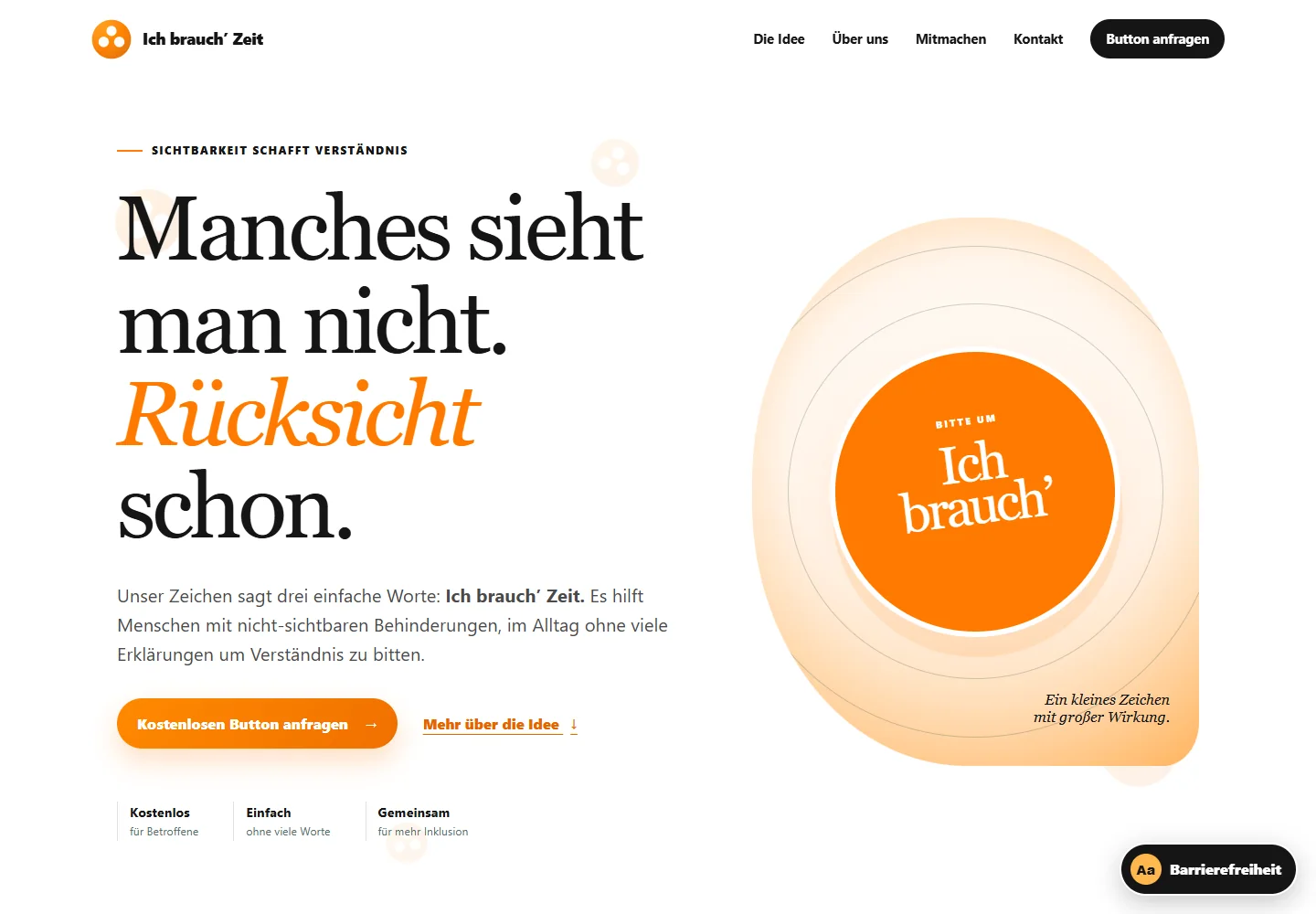 Tatsächliche Website ichbrauchzeit.at mit dem Leitsatz Manches sieht man nicht, Rücksicht schon